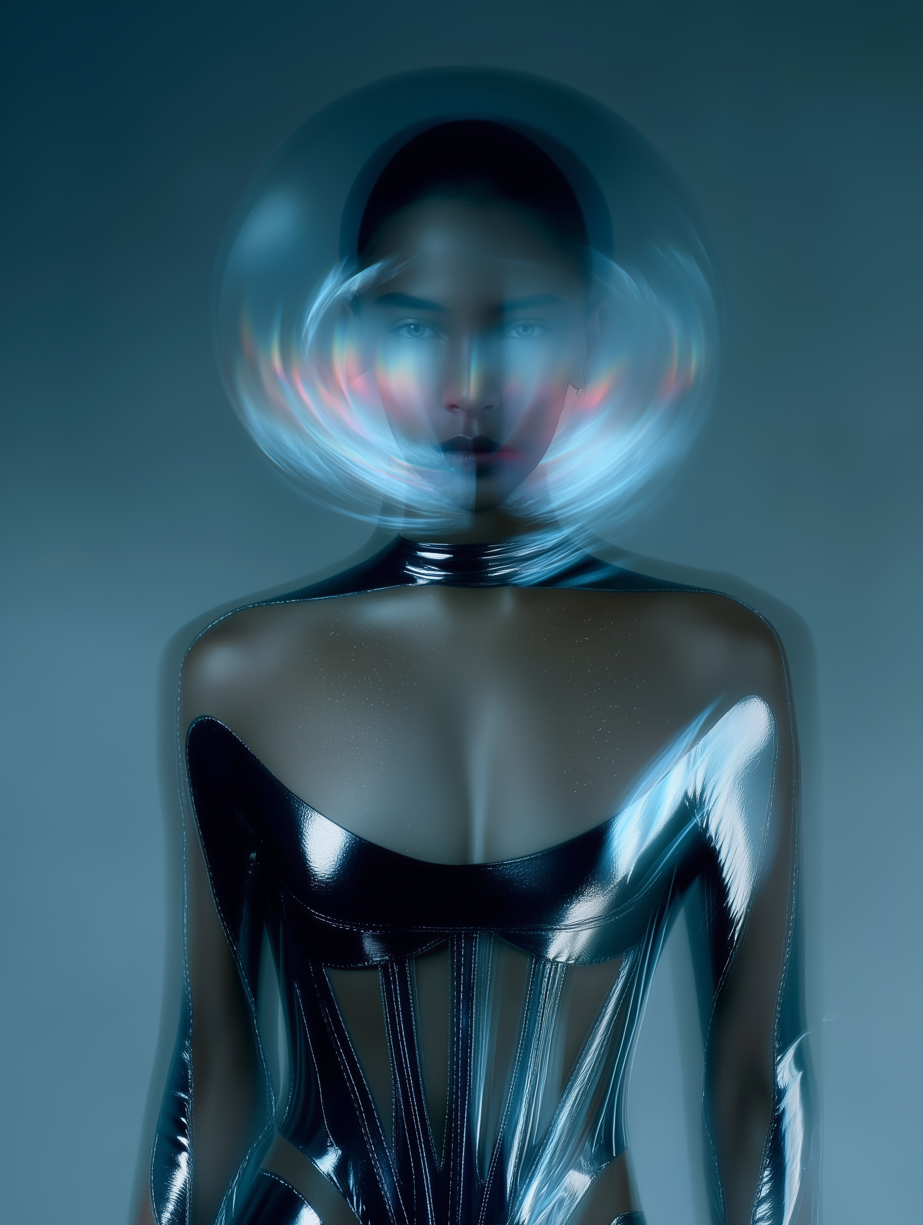 Woman with helmet and shiny corset in photo studio. Portrait of a model in dark metallic bustier and helmet with colorful light patterns.