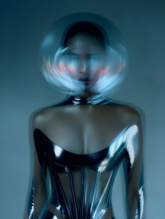 Woman with helmet and shiny corset in photo studio. Portrait of a model in dark metallic bustier and helmet with colorful light patterns.