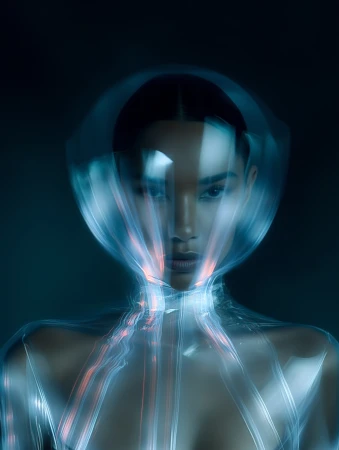 Dramatic studio portrait of an adult female wearing a futuristic clear plastic hood and garment with red accents against a teal background.