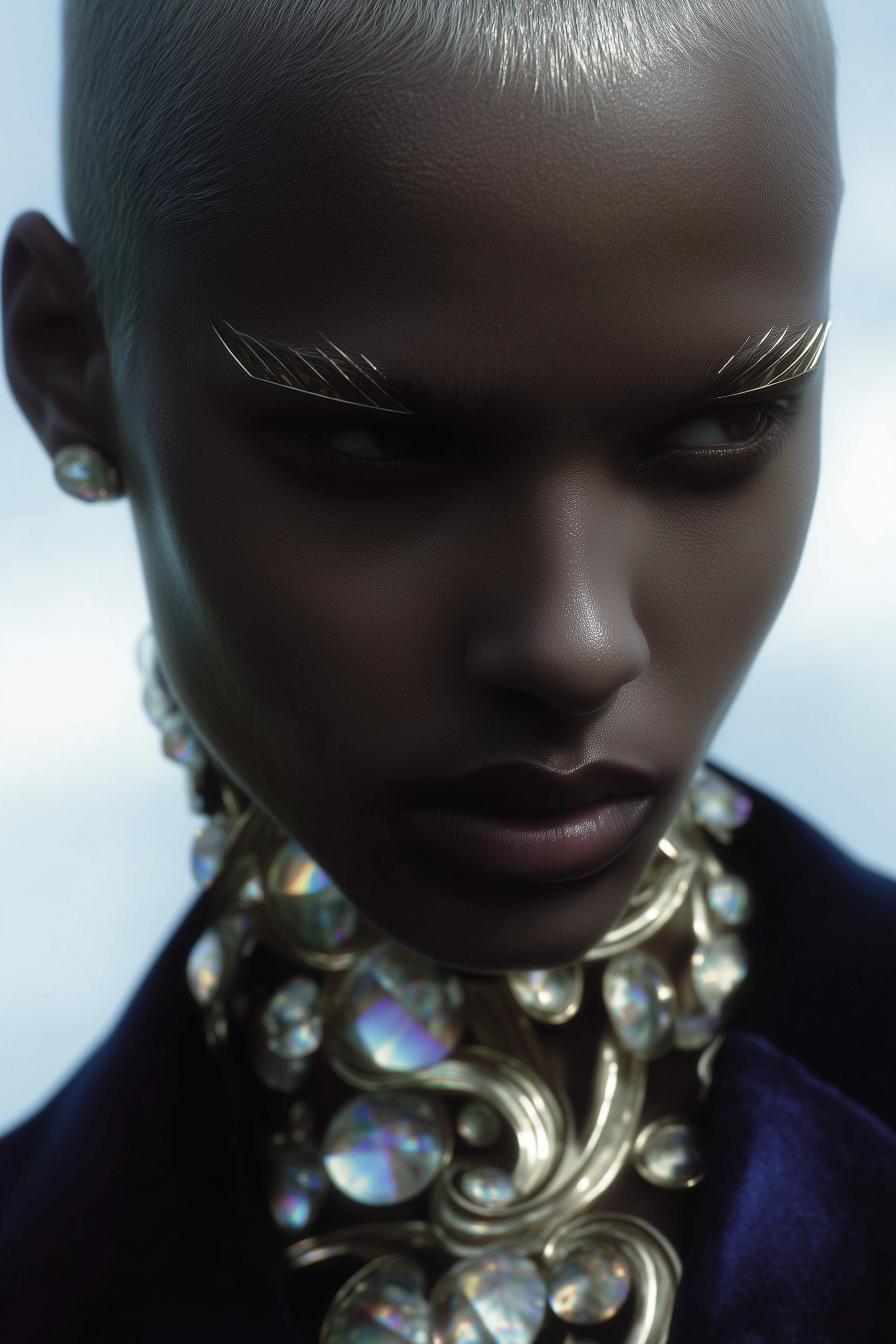 Portrait of a dark-skinned woman with short platinum hair wearing a jeweled collar and earrings against a soft blue sky background.