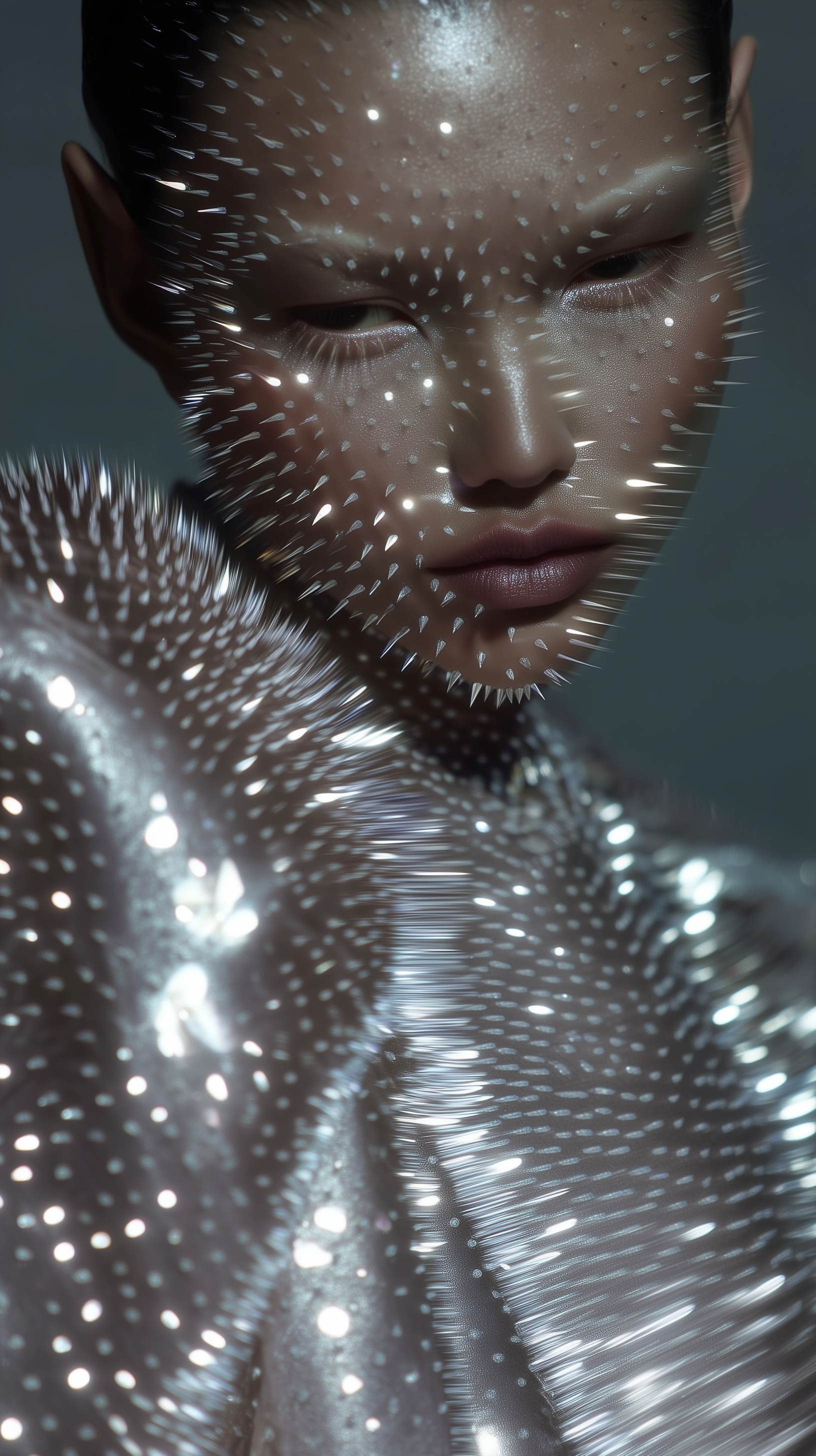 Woman with geometric light pattern on face and a futuristic silver garment, against a gray background in a beauty shot.
