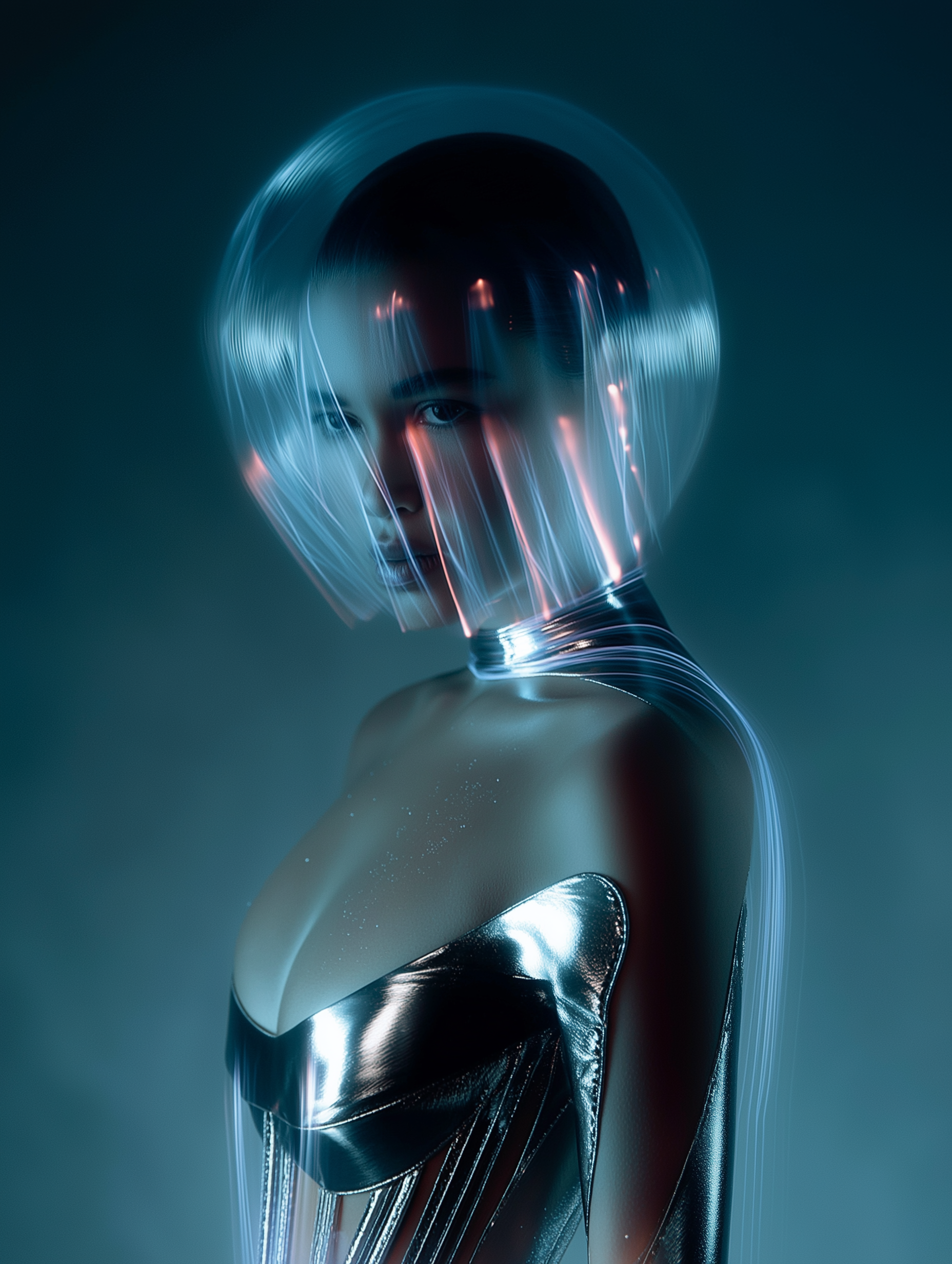 Woman in a futuristic chrome outfit and clear helmet with light strands, posing in a studio against a cool-toned background.