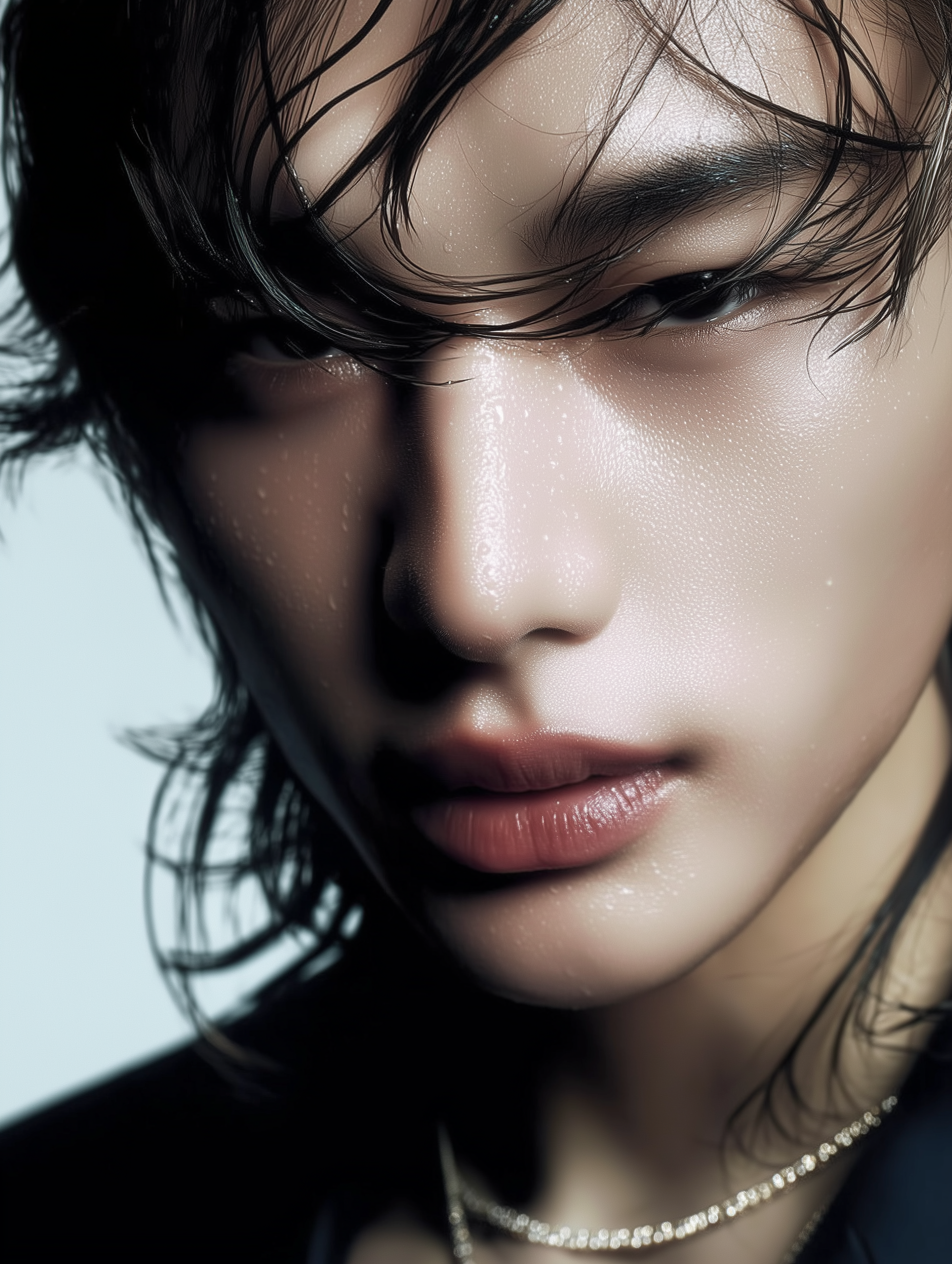 Striking close-up portrait of an adult with dark hair, a subtle necklace, and wearing a dark top against a light background.