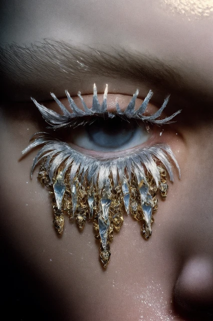 Close-up on a woman's eye with creative silver and gold glitter eye makeup and white lashes. Dramatic, sparkling beauty shot.