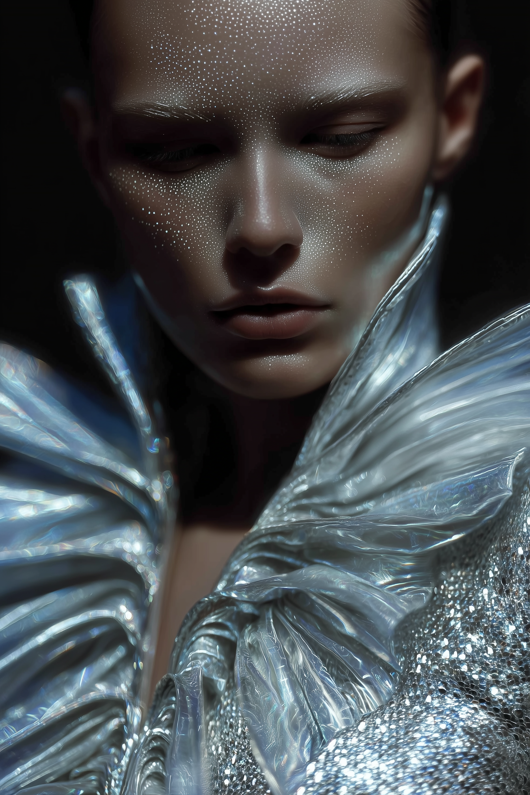 Portrait of woman with light skin and silver glitter makeup wearing a high, silvery metallic collar and a shimmering gown.