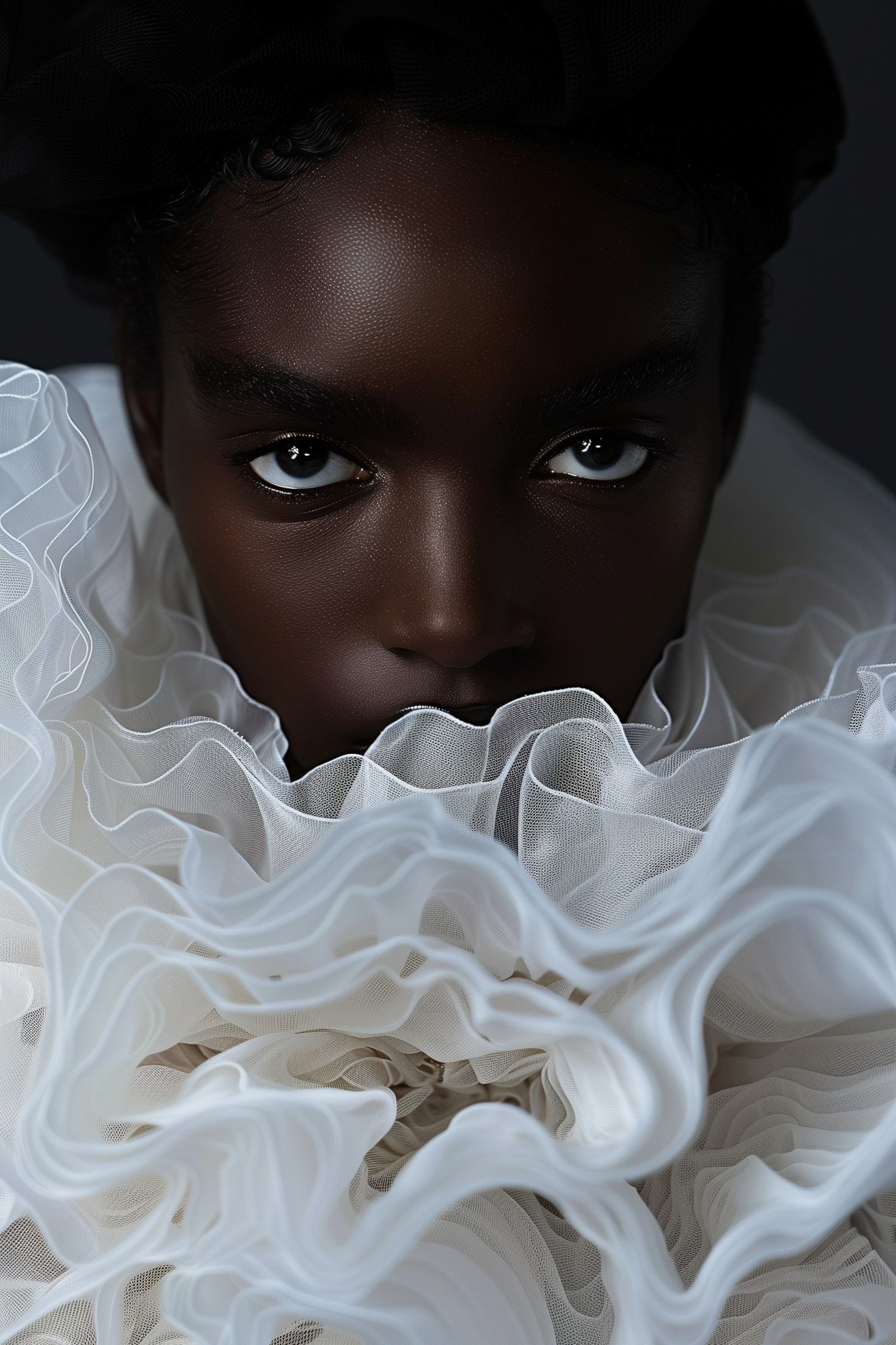 Close-up portrait of a young dark-skinned woman with dark hair, wearing a white ruffled collar, set against a dark grey background.
