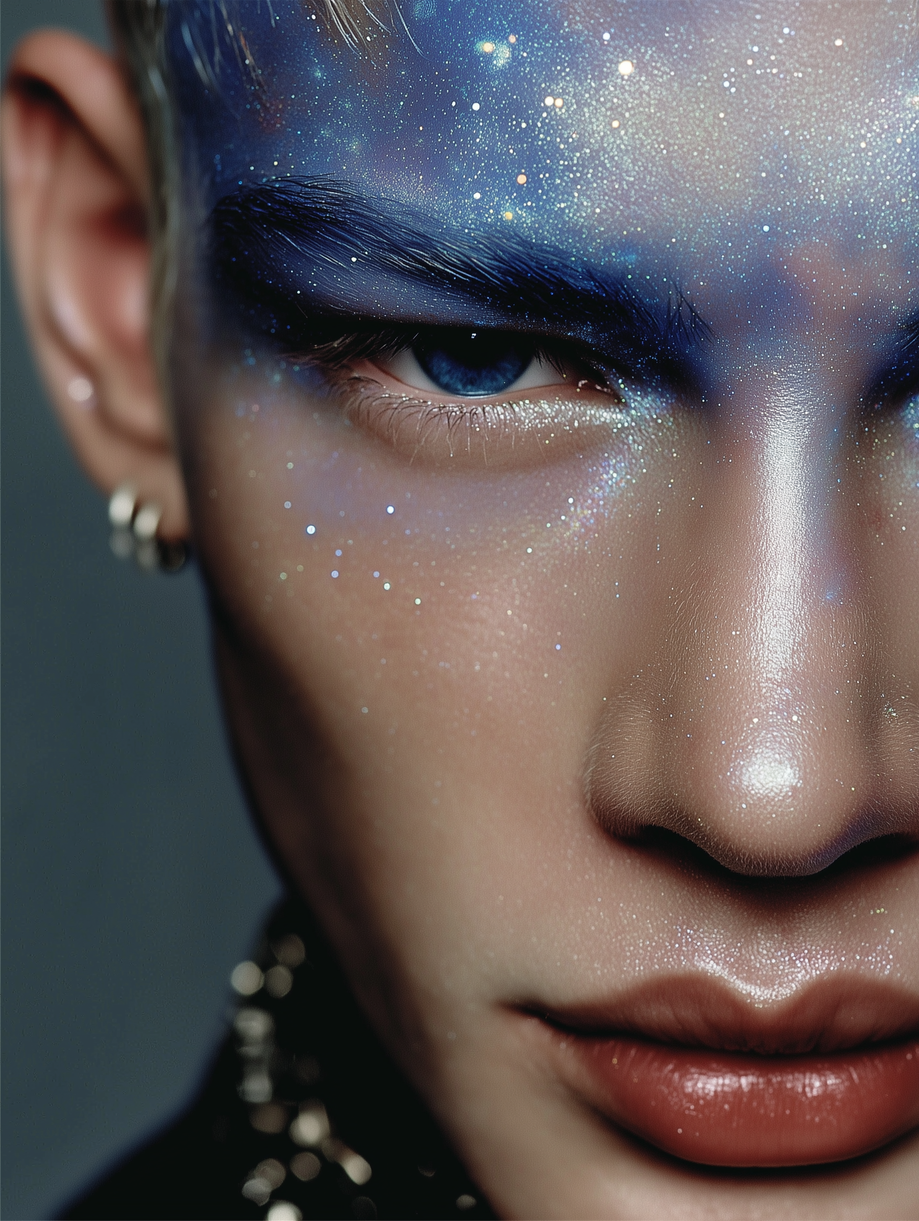 Close-up portrait of a person with blue eyes and makeup resembling a galaxy, featuring sparkling glitter on the face in a studio setting.