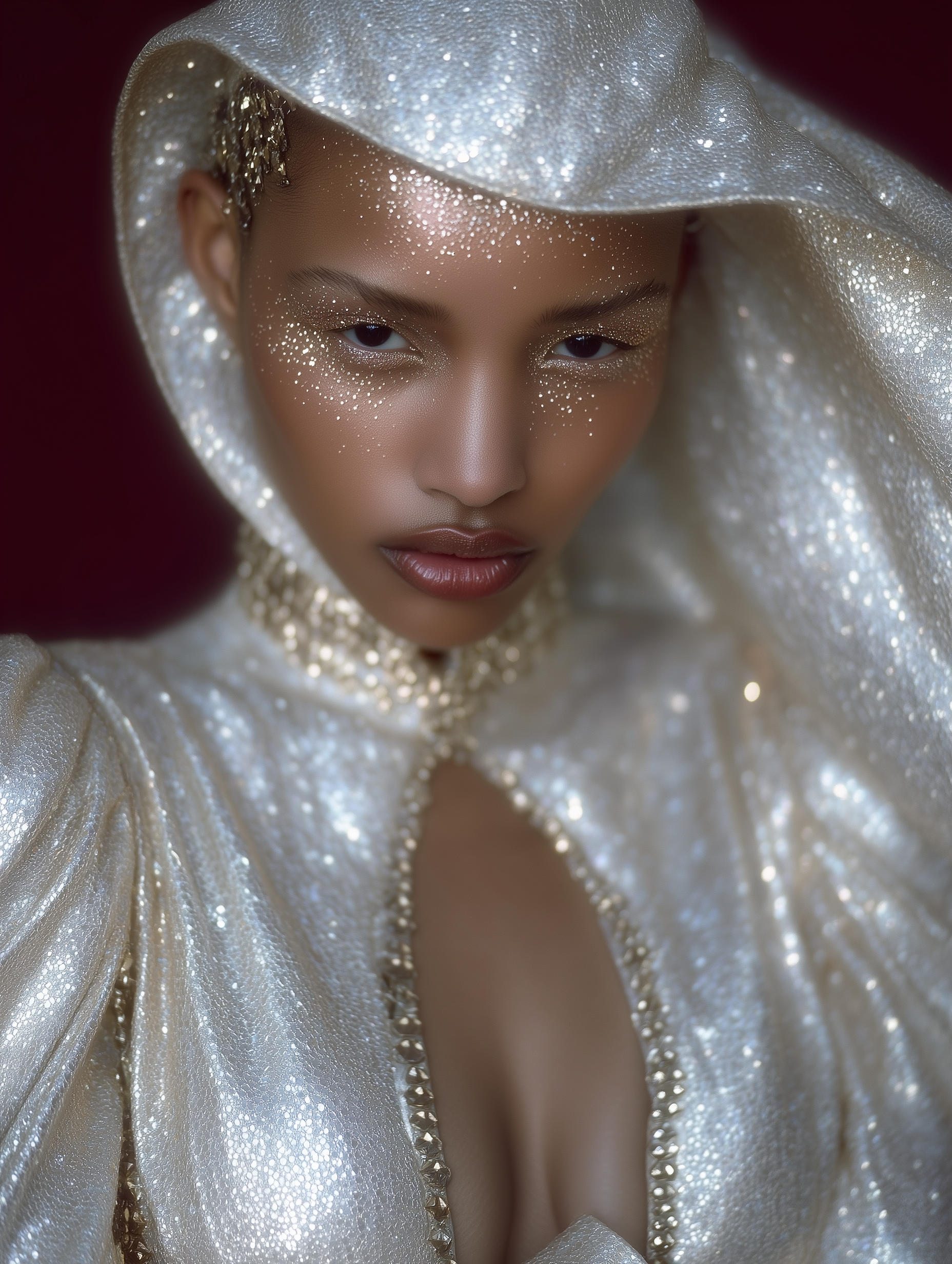 Portrait of an adult female wearing a sequined dress and hood with gold glitter eye makeup against a dark red background.