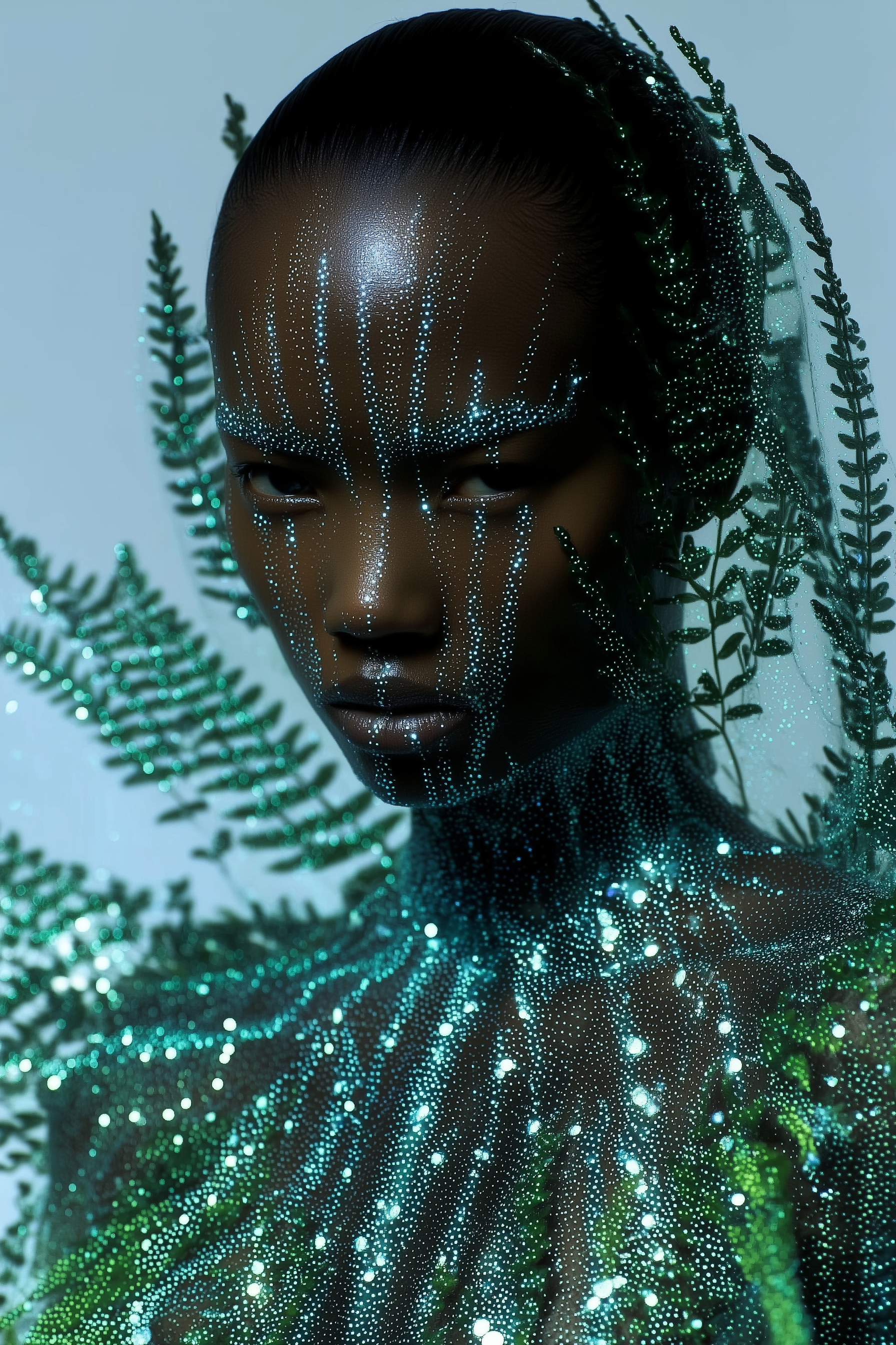 Close-up studio shot of a dark-skinned adult female model with dramatic lighting, wearing body paint and ferns against a light background.