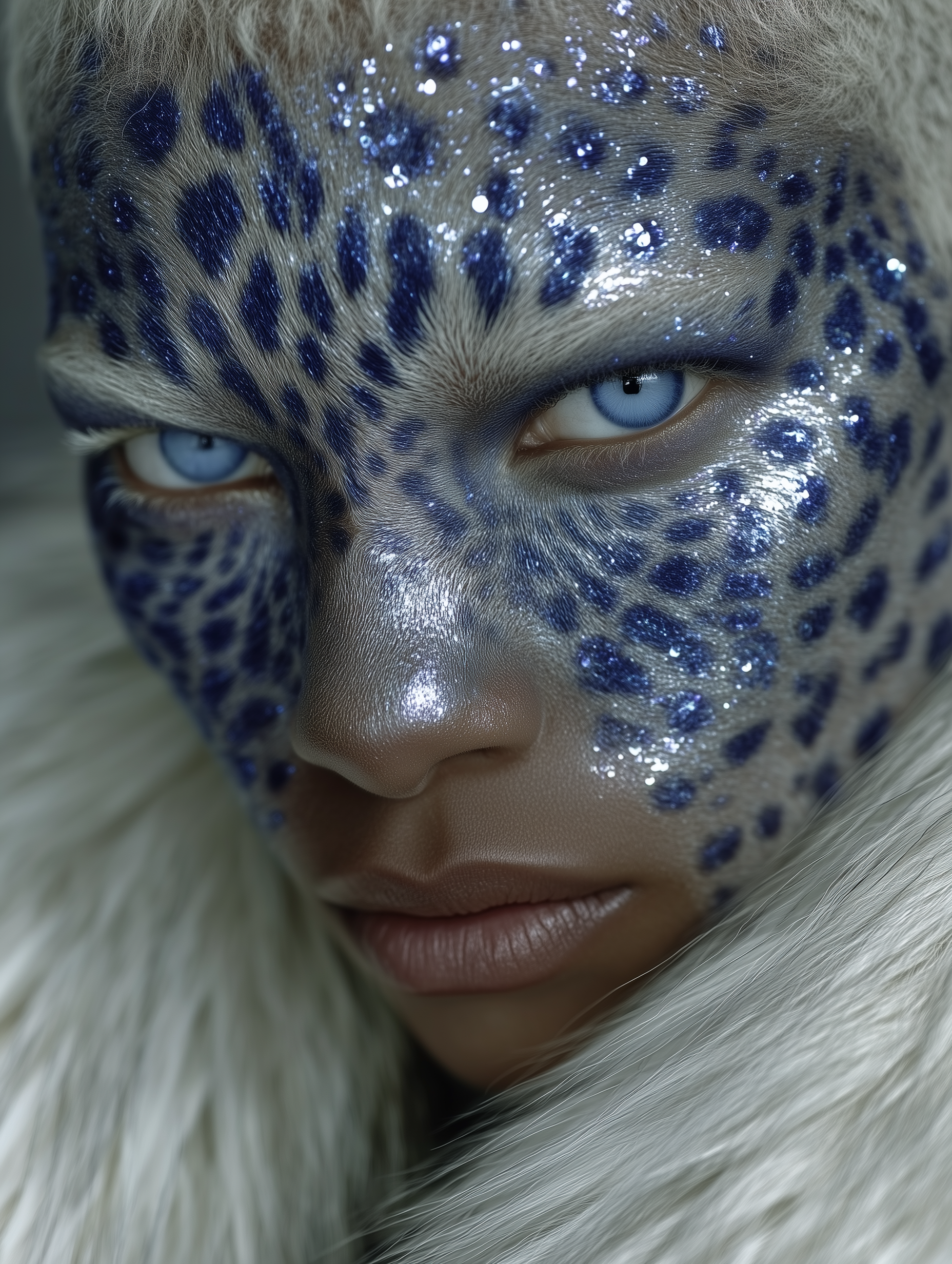 Close-up portrait of a person with blue eyes and glittery blue leopard-print makeup, wearing a fluffy white fur collar.