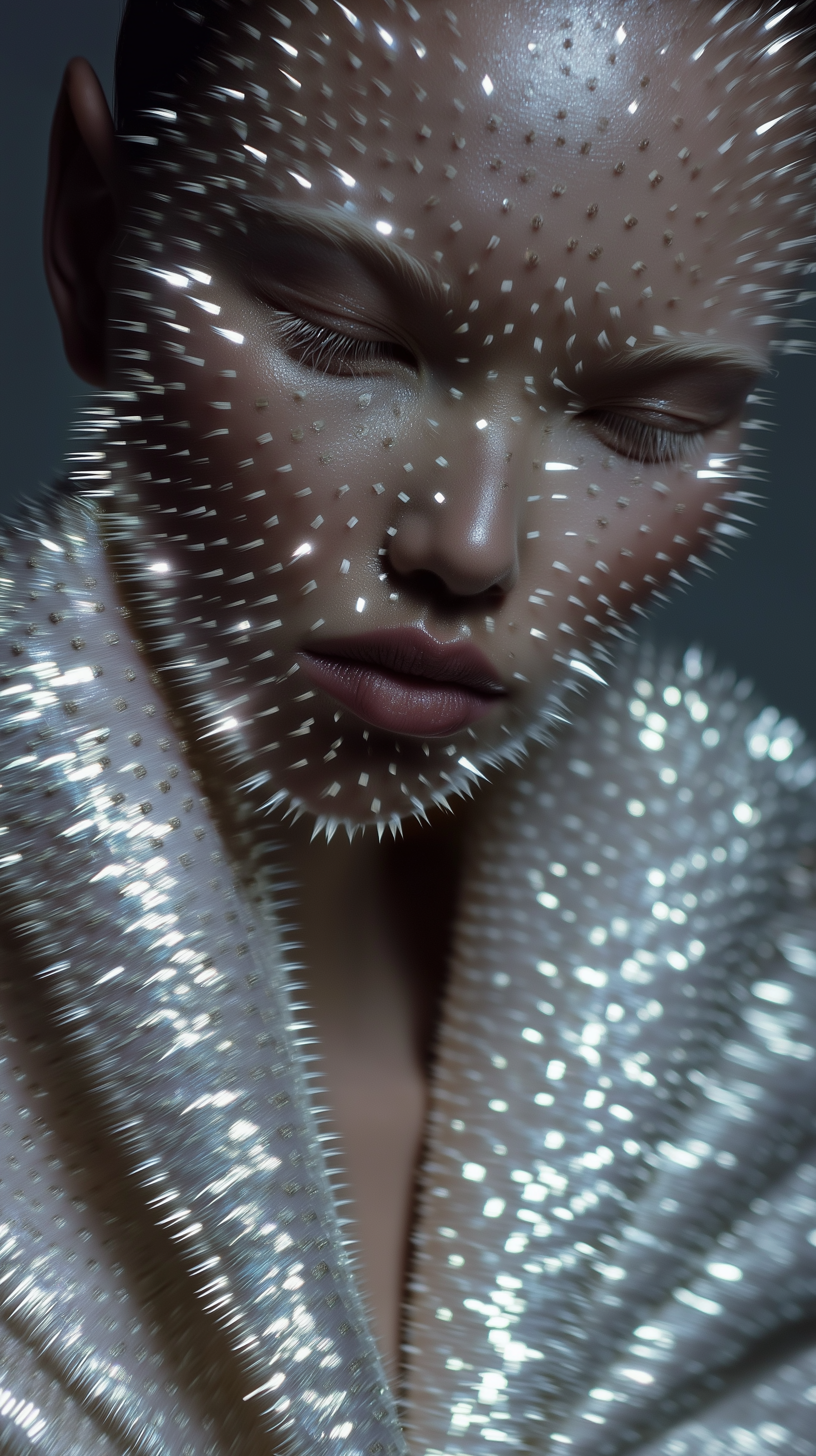 Close-up portrait of a person with reflective spikes applied to the face and shoulders against a grey background.