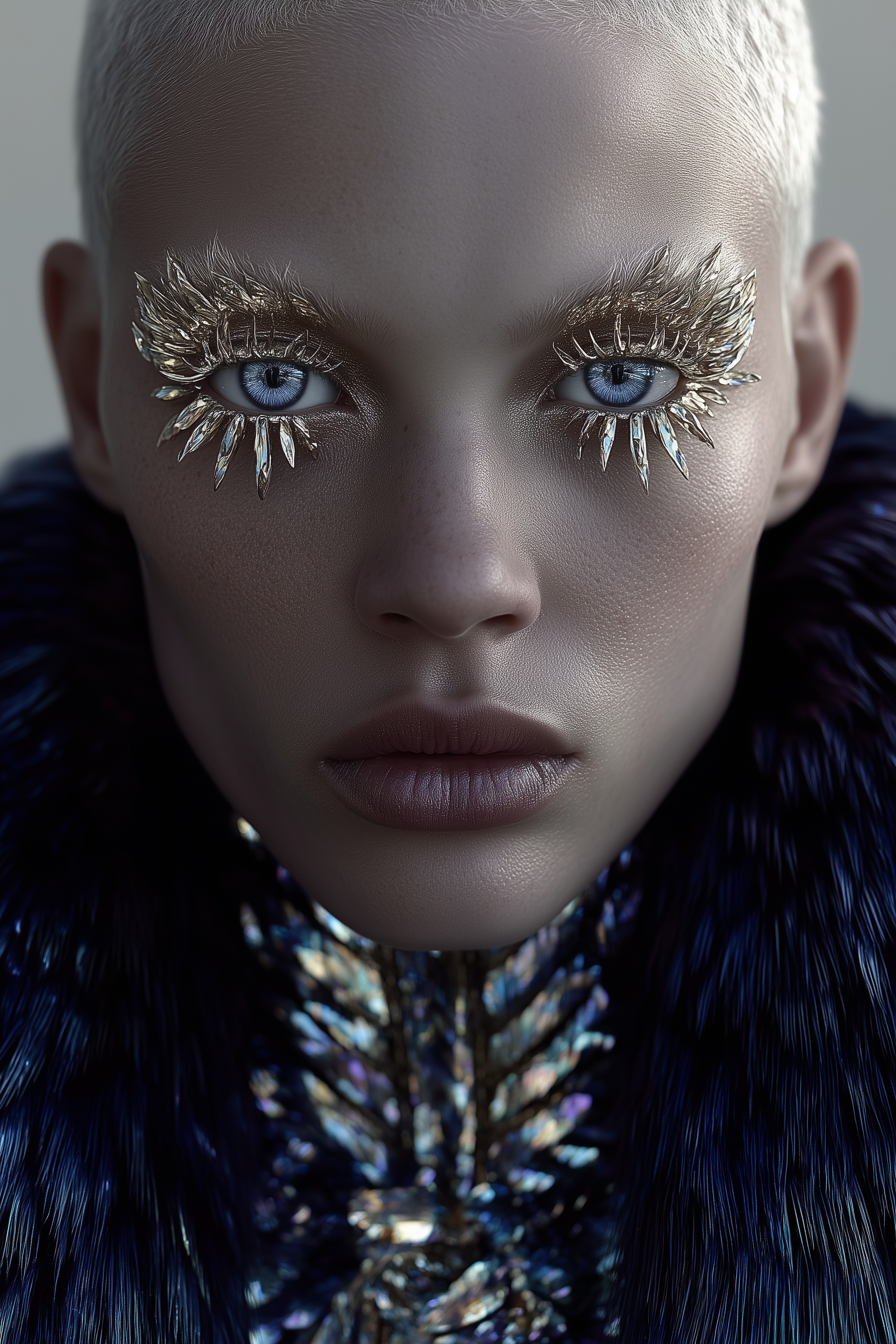 Portrait of a woman with fair skin and short hair wearing glittering eye makeup and a jewel encrusted collar against a neutral background.