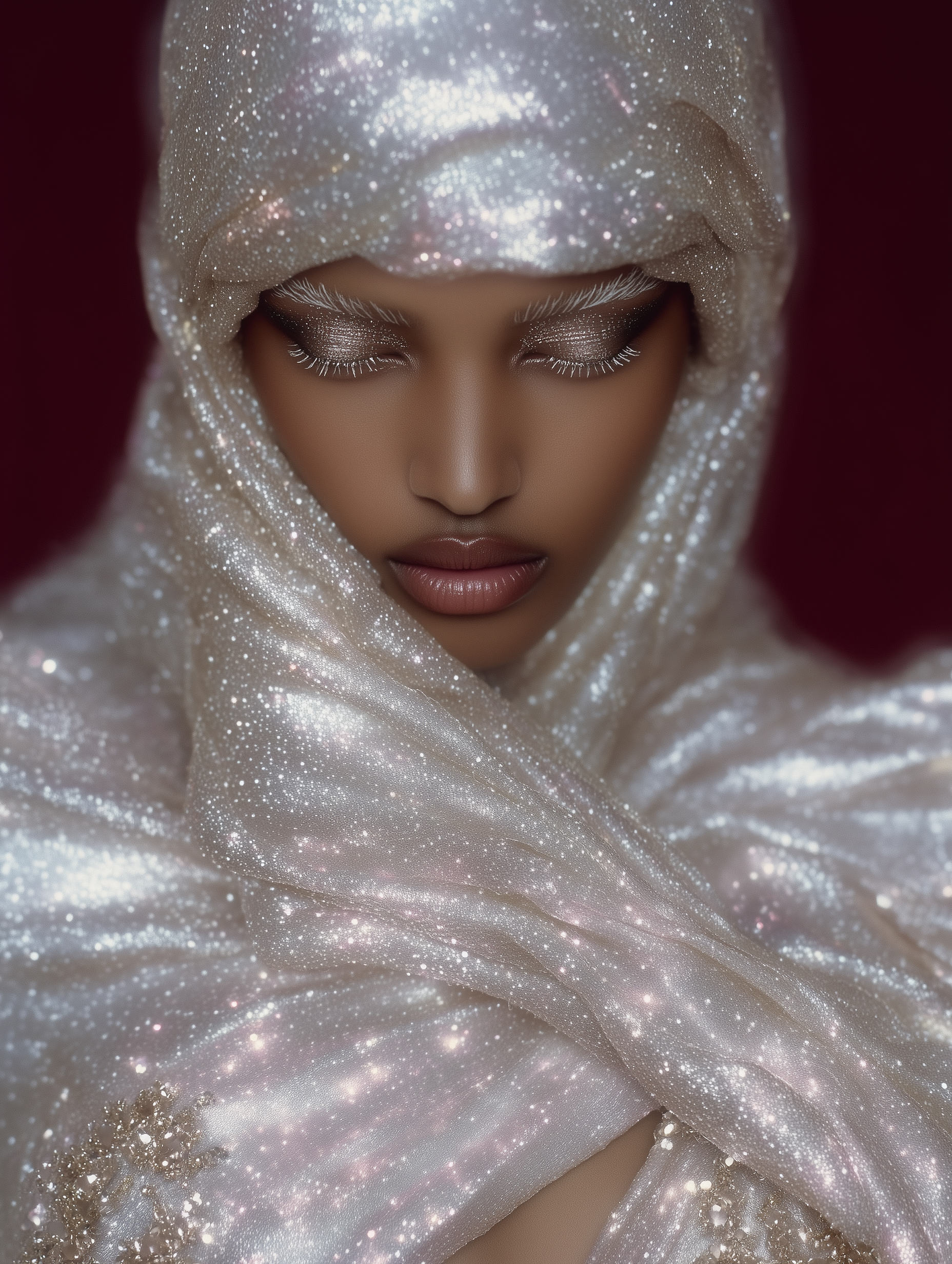 Close-up of an adult woman with closed eyes, wearing a glittering silver headscarf, showcasing beauty and fashion against a dark background.