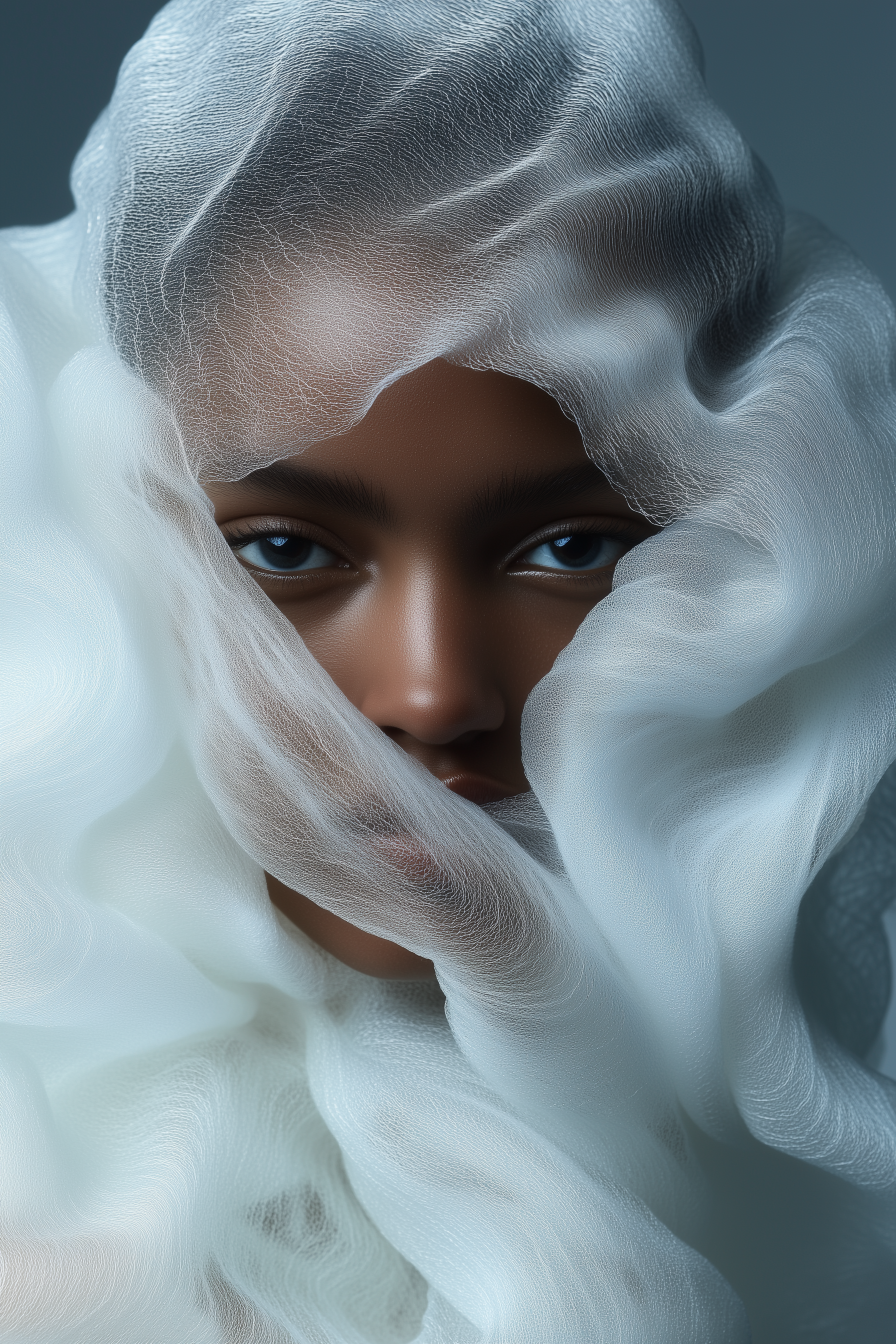Close-up portrait of a woman with dark skin partially veiled in white translucent fabric, softly lit against a neutral background.