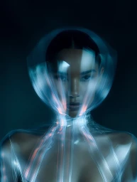 Portrait of a person wearing a translucent, glowing helmet and structured iridescent garment with blue and pink light refractions.