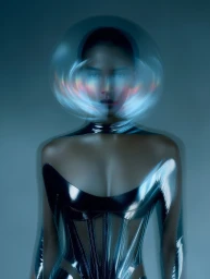 Digital portrait of a woman in a reflective metallic corset and a transparent spherical helmet distorting her face in cool blue light.