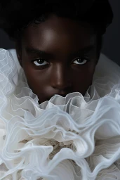 Close-up portrait of a Black model surrounded by voluminous translucent white ruffled fabric covering the lower face.