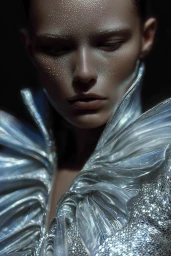 Close-up portrait of a woman with white stippled facial makeup wearing a sculptural iridescent silver pleated collar on a dark background.