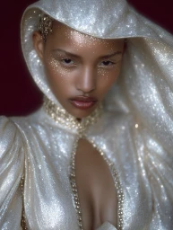 Black woman wearing a hooded shimmering silver gown with gold crystal trim and gold glitter eye makeup against a dark red backdrop.