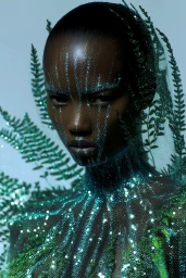 Portrait of a Black woman with shimmering beaded patterns across her face and neck, surrounded by green fern leaves.