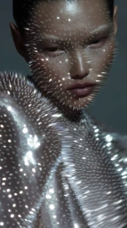 Close-up portrait of a woman covered in reflective metallic spikes across her face and shoulders against a dark background.