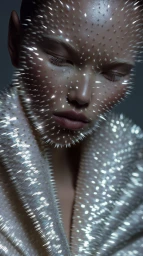 Close-up portrait of a woman covered in reflective crystalline spikes across her face and collar with eyes closed.