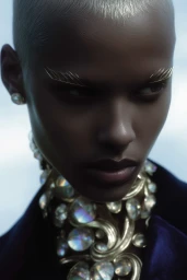Close-up portrait of a woman with buzzed hair wearing metallic gold eyebrow accents and an ornate crystal collar necklace.