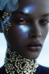 Close-up portrait of a woman with glowing iridescent blue light on her cheek, wearing an ornate beaded gold collar and headpiece.