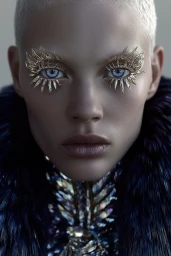 Close-up beauty portrait of a woman with platinum buzz cut hair, spiky crystal eye adornments, and a dark navy feathered collar.