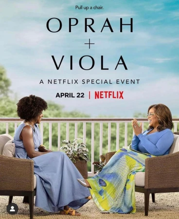 Oprah Winfrey and Viola Davis seated outdoors on a patio for a Netflix special event, promoting a conversation with blue skies.