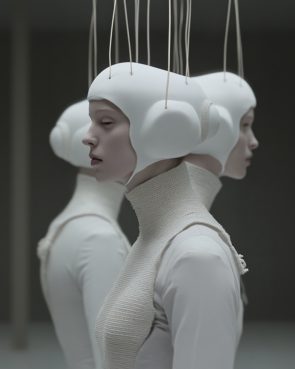 Three identical adult females stand in a stark white room, facing away. The women are adorned with white caps and knitted neck pieces.