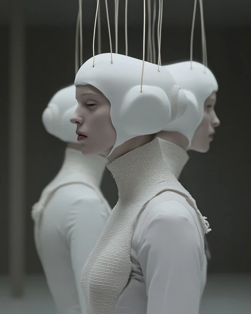 Three identical adult females stand in a stark white room, facing away. The women are adorned with white caps and knitted neck pieces.