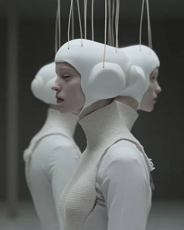 Three identical adult females stand in a stark white room, facing away. The women are adorned with white caps and knitted neck pieces.