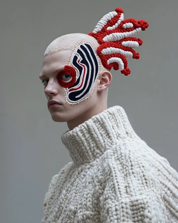 Portrait of a man wearing a thick knit cream sweater with red, white, and navy yarn embroidery across his face and headpiece.