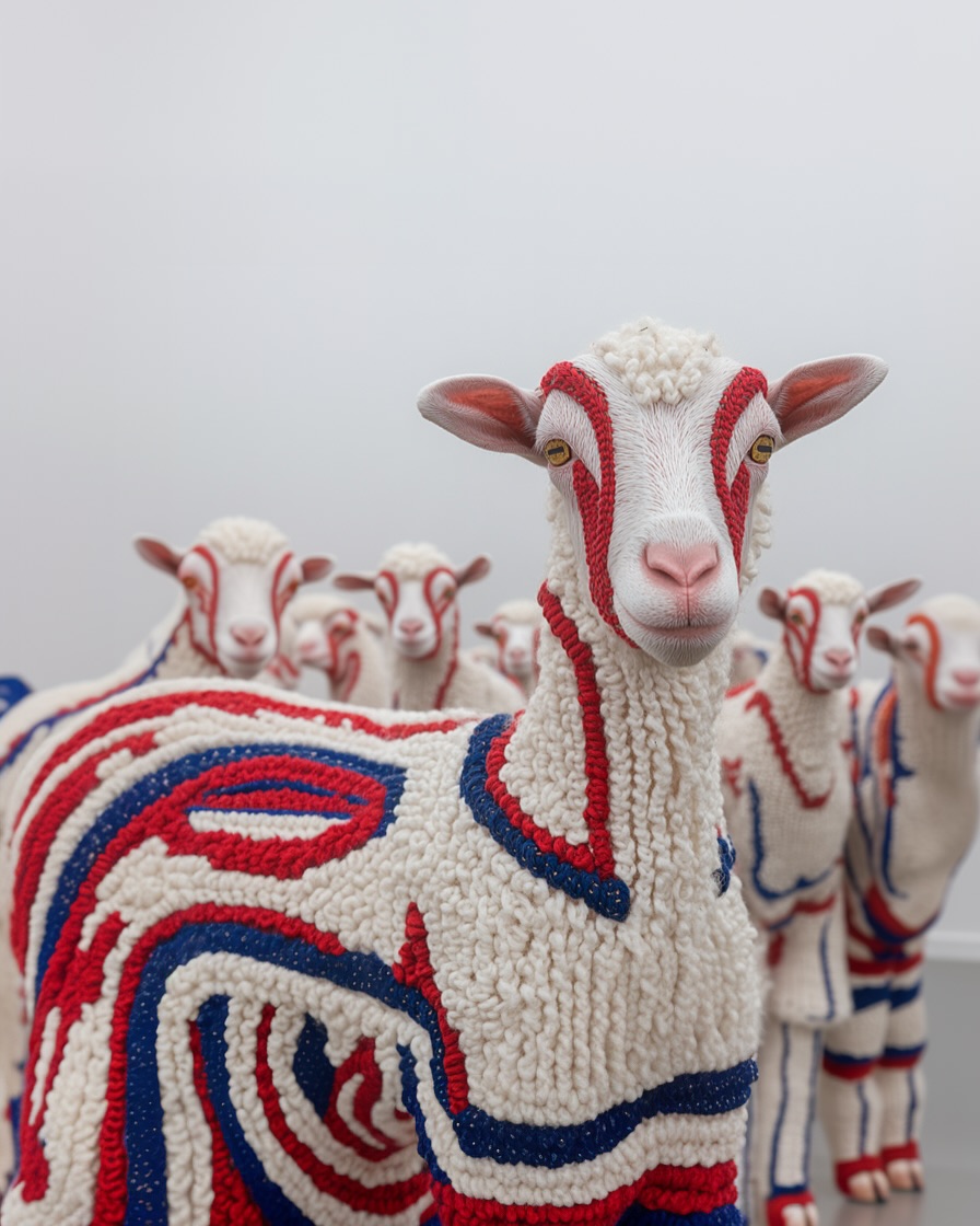 Flock of art sheep with red and blue patterns on white wool. Wooly sheep sculpture art installation. Multiple sheep in museum setting.