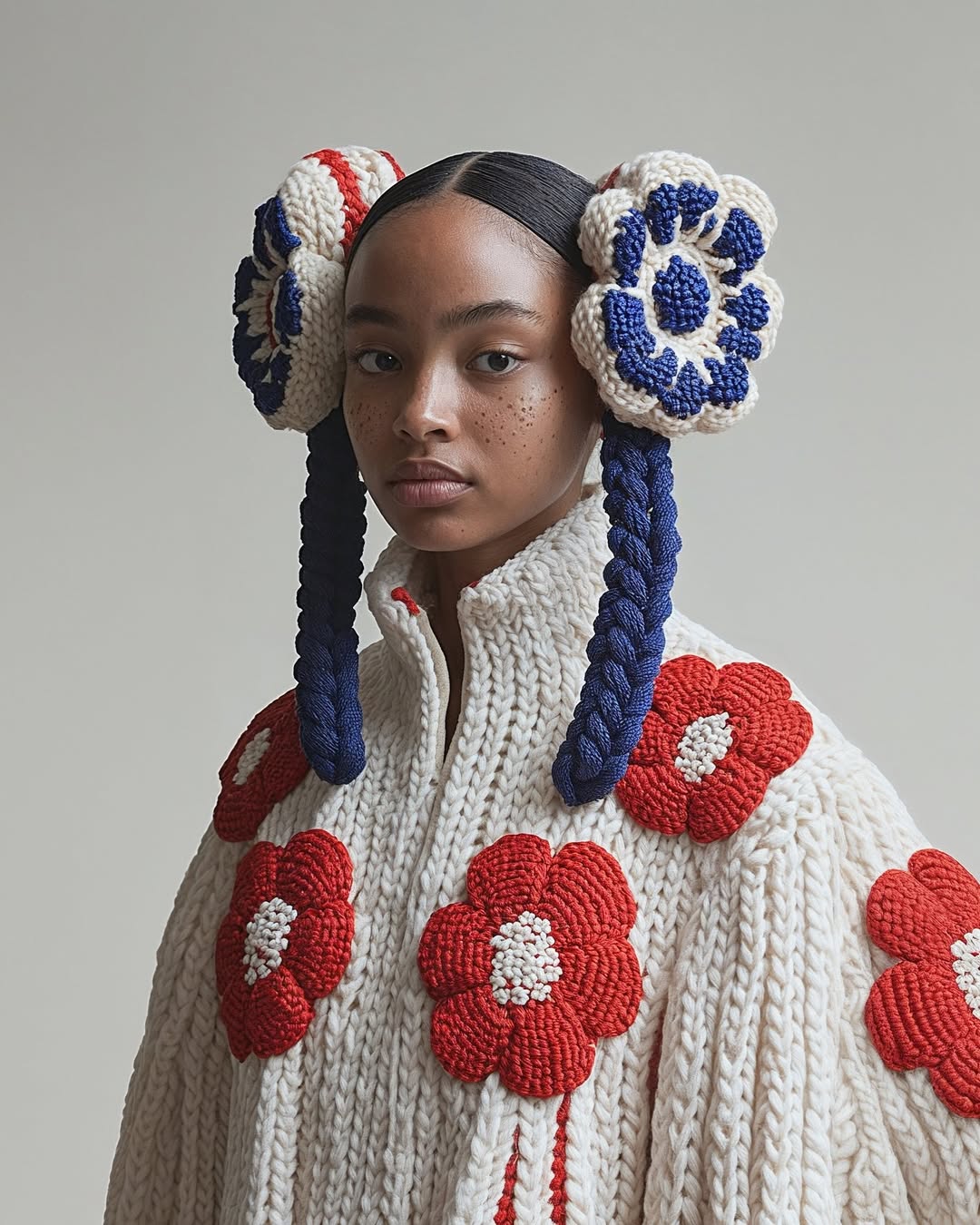 Portrait of a woman wearing a knitted sweater with large floral appliqués and knit hair accessories, set against a neutral backdrop.