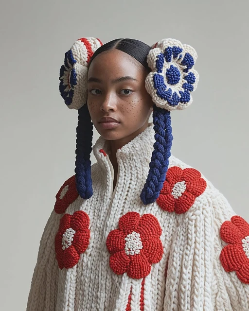 Portrait of a woman wearing a knitted sweater with large floral appliqués and knit hair accessories, set against a neutral backdrop.