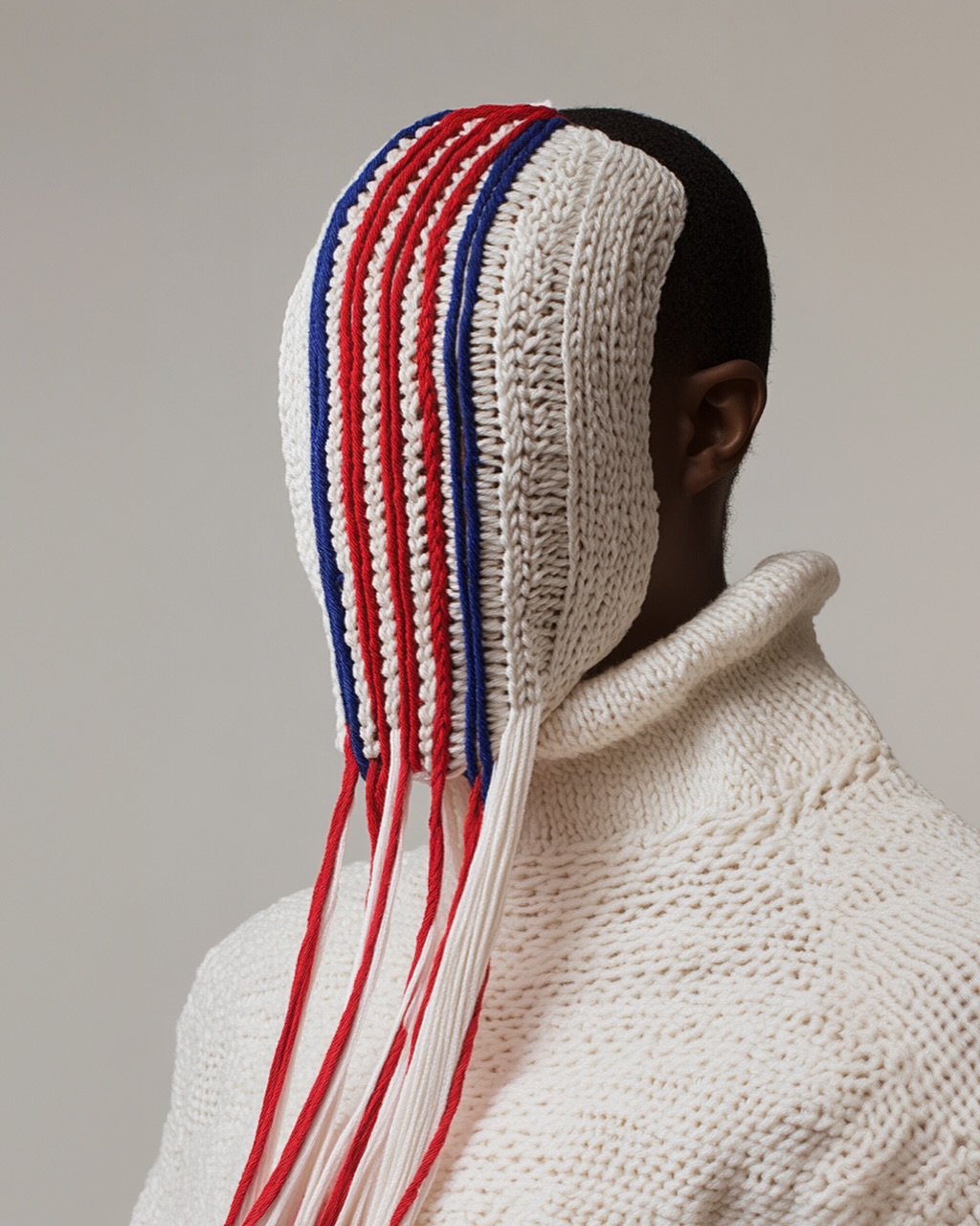 Person in a cream-colored knit sweater and hat, partially covering the face with white, red, and blue yarn stripes. Neutral backdrop.