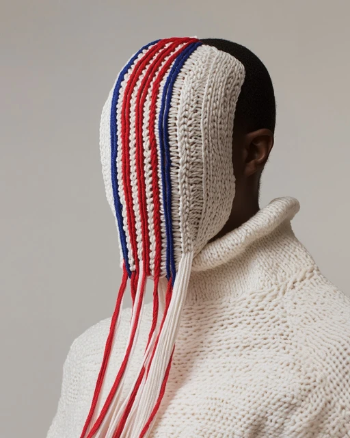 Person in a cream-colored knit sweater and hat, partially covering the face with white, red, and blue yarn stripes. Neutral backdrop.