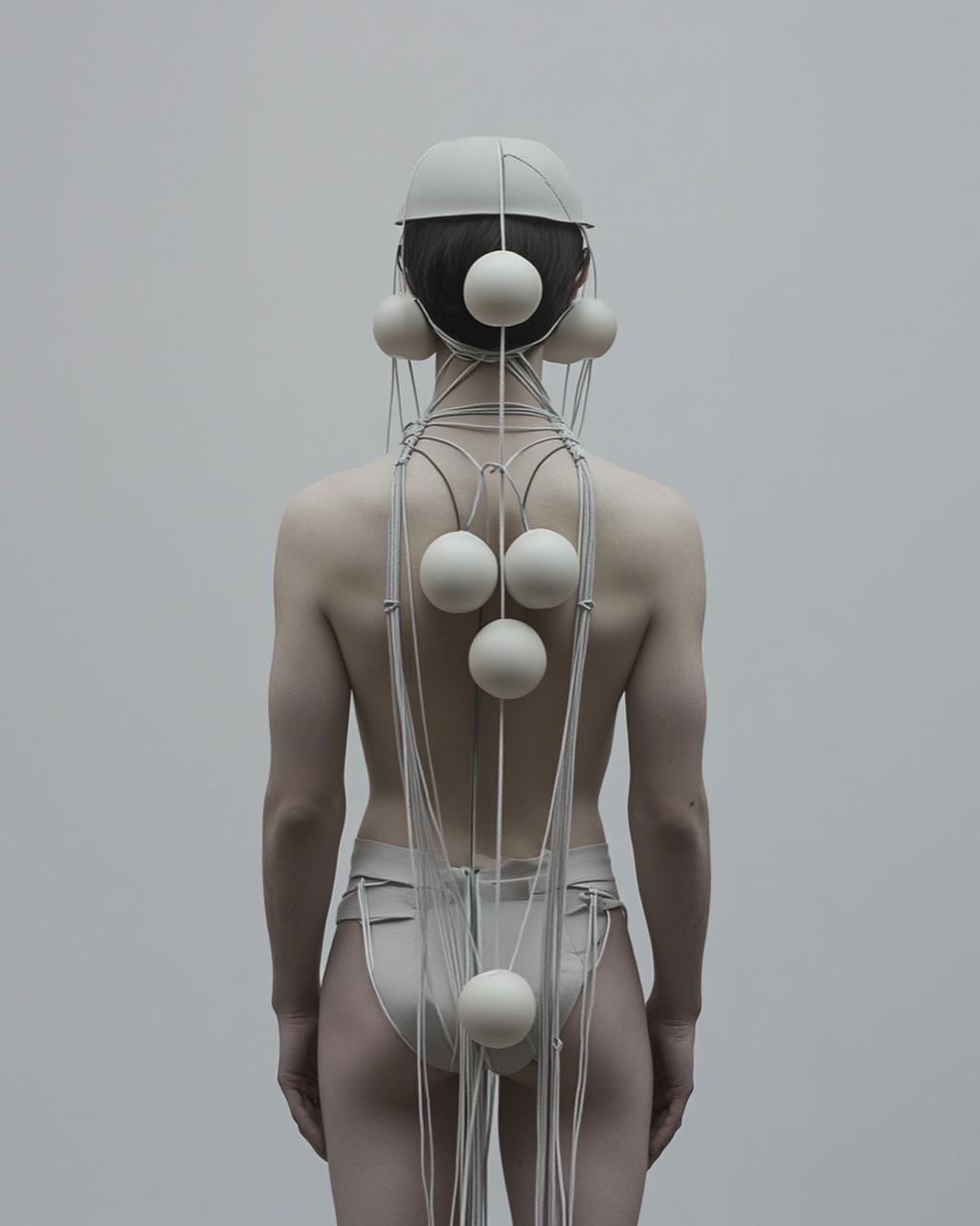 Back view of a person wearing a headpiece and body art made of white spheres connected by thin cords, against a plain background.