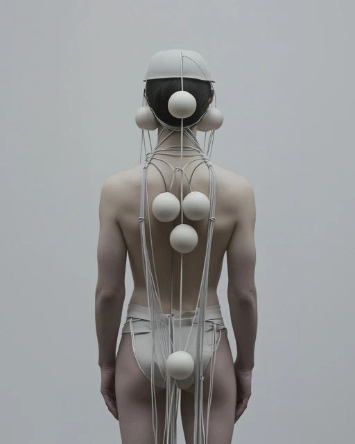 Back view of a person wearing a headpiece and body art made of white spheres connected by thin cords, against a plain background.