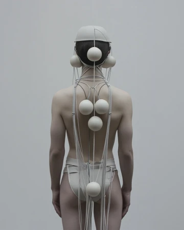 Back view of a person wearing a headpiece and body art made of white spheres connected by thin cords, against a plain background.