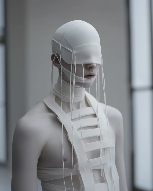 Portrait of a slender adult wearing a bandage-like costume and head covering with an indoor window background in a desaturated palette.