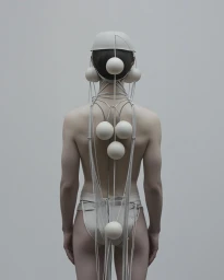 Rear view of a figure wearing a minimalist sculptural headpiece and harness with suspended white spheres against a grey backdrop.