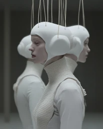 Three women in profile wearing white sculpted helmet headpieces suspended by vertical cords in a minimalist grey setting.