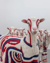 Knitted-texture goats with red, blue, and white tufted swirl patterns standing in a minimalist grey gallery space.