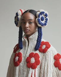 Woman wearing a chunky cream knit sweater with red flower appliqués and crochet floral headwear against a plain grey background.