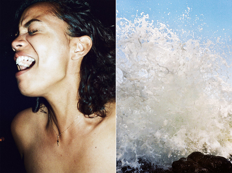 Profile of a person with wet dark hair and a gold necklace screaming, split screen with ocean wave hitting rocks on sunny day.