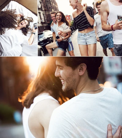 Three scenes show a laughing woman in bed with a phone, a group of friends in a city street, and a smiling couple bathed in sunlight.