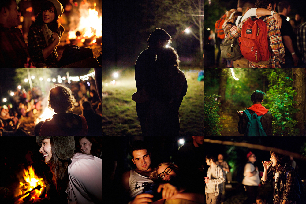 Several people gathered around campfires at night, in various groupings and activities, creating a collage of warm light and social interaction.